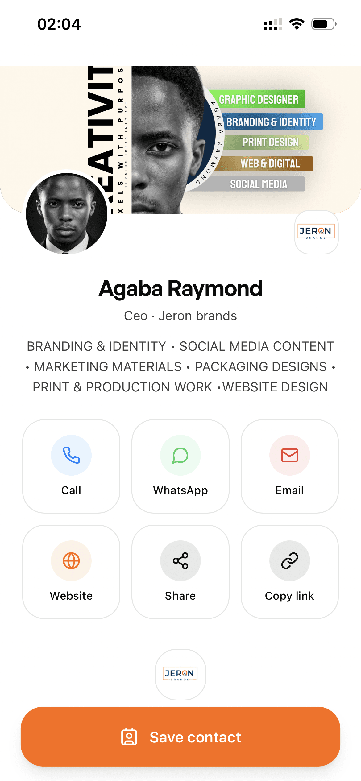 Agaba Raymond digital business card with all contact actions