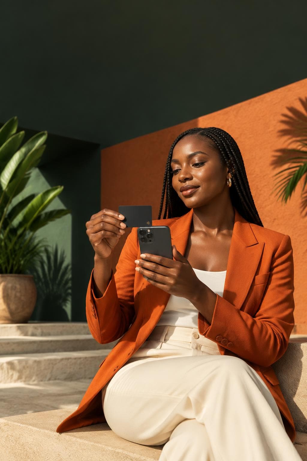 Businesswoman using TapCard with her phone